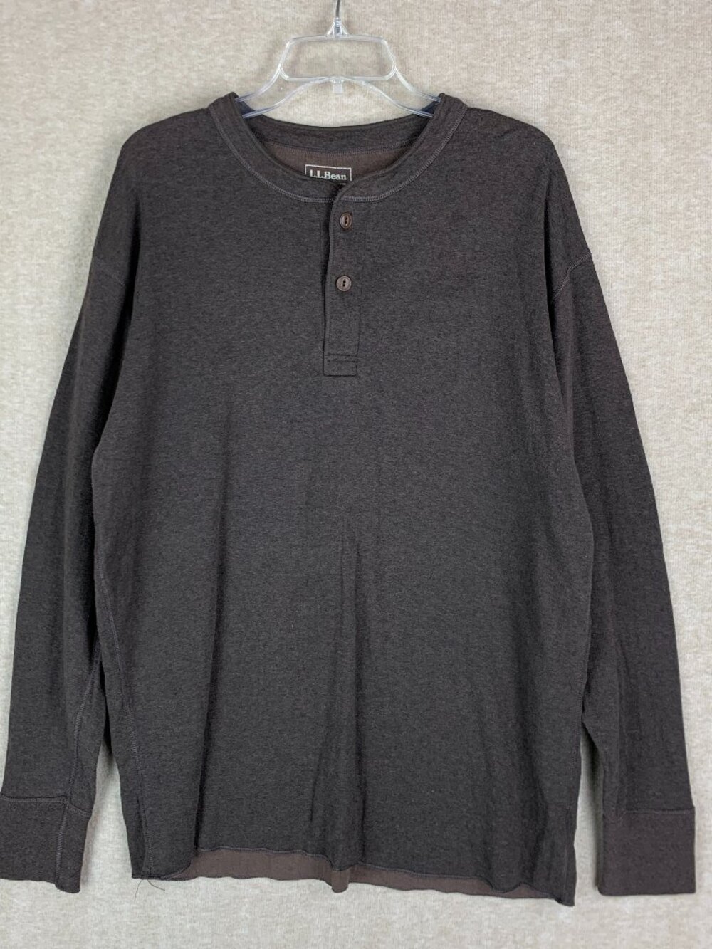 LL Bean Wool Henley Shirt Mens Large Long Sleeve Brown Thermal River Drive